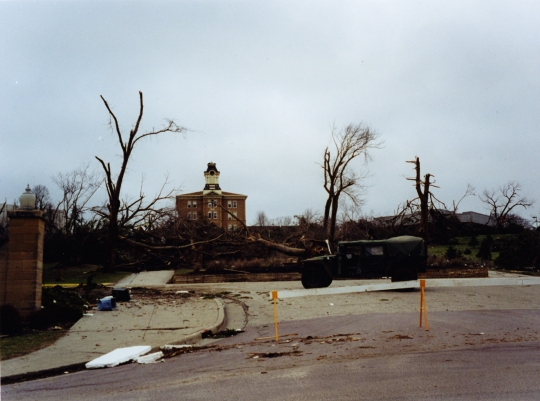 Color view toward Old Main following the 1998 tornado.