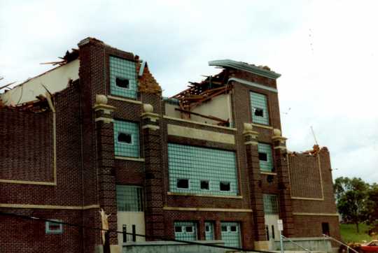 The exterior of Chandler-Lake Wilson High School as it appeared in June 1992, after the Chandler–Lake Wilson Tornado.