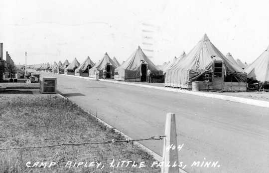 Black and white photograph of a Tent city at Camp Ripley ca. 1950.
