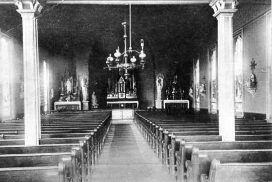 Black and white photograph of the interior of the Immaculate Heart of Mary Catholic Church, ca. 1883.