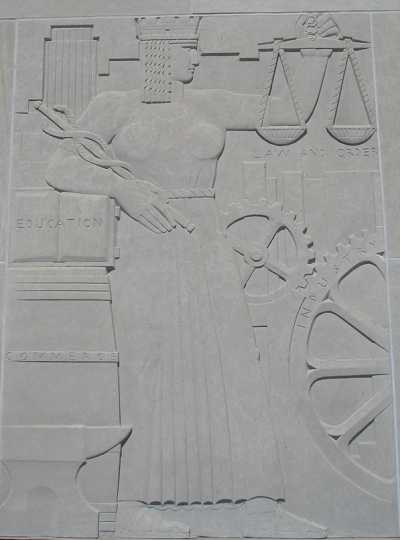 One of the panels of Lee Lawrie's "Voice of the People" relief sculpture flanking the south entrance doors of the St. Paul City Hall and Ramsey County Courthouse. Photographed by Paul Nelson on April 13, 2008.