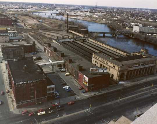 Color image of an aerial view of the Great Northern Depot and the surrounding area, looking north, 1978.