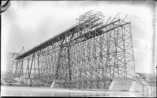 Black and white photoprint of high bridge construction c. January, 1889.