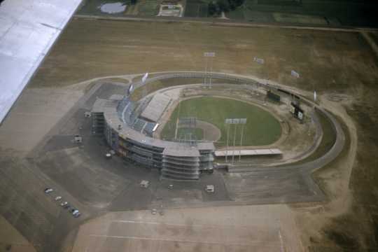 Color image of an aerial view of Metropolitan Stadium, Bloomington, MN, ca. 1958–1966. Photograph: Gordon A. Erickson.