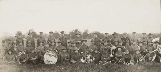 Black and white photograph of First Battalion, Minnesota Motor Corps Band at Camp Lakeview, Lake City, Minnesota, September, 1918. 