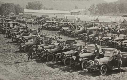 Black and white photograph of Motor Corps vehicles at Camp Lakeview, Lake City, Minnesota, September, 1918.