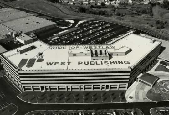 Black and white photograph of the new West Publishing Company campus and headquarters in Eagan, 1992.