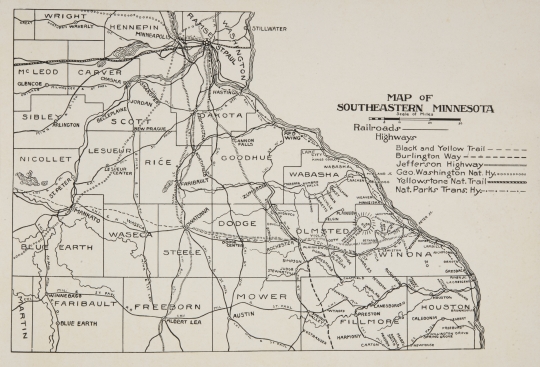 Map of southeastern Minnesota printed in The Paradise of Minnesota: The Proposed Whitewater State Park (L. A. Warming, 1917).