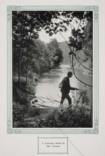 A fisherman in Whitewater State Park, ca. 1917. Original caption: “A Favorite Bend in the Stream.” From The Paradise of Minnesota: The Proposed Whitewater State Park (L. A. Warming, 1917).