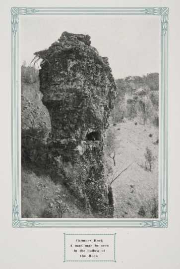 Chimney Rock, Whitewater State Park, ca. 1917. Original caption: “Chimney Rock: A Man May Be Seen in the Hollow of the Rock.” From The Paradise of Minnesota: The Proposed Whitewater State Park (L. A. Warming, 1917).