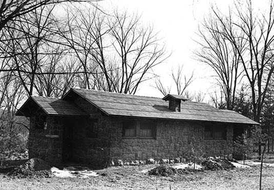 Black and white photograph of an Interstate State Park comfort station, 1950.