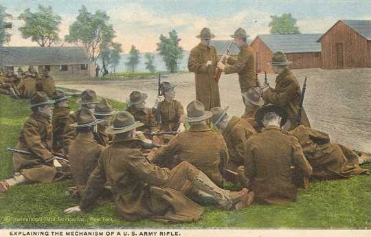 Colorized postcard depicting rifle training, ca. 1917.