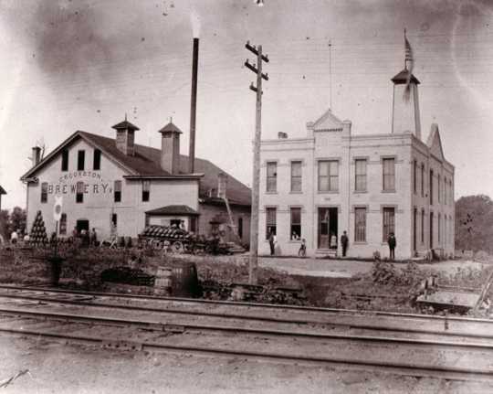 Black and white photograph of the original buildings of the Crookston Brewing Company, ca. 1890s.