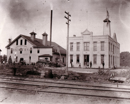 Black and white photograph of the original buildings of the Crookston Brewing Company, ca. 1890s.