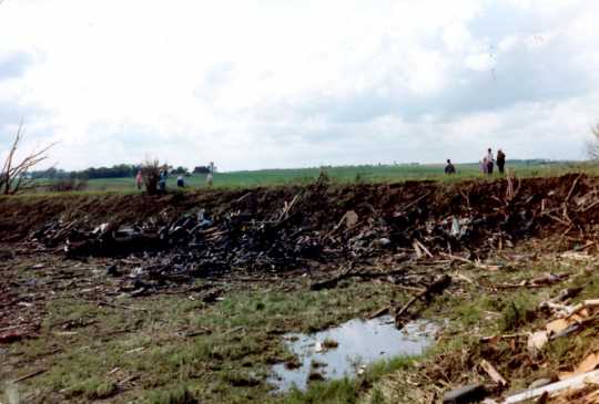 Tornado debris in a ditch in the aftermath of the Chandler–Lake Wilson Tornado, June 1992.