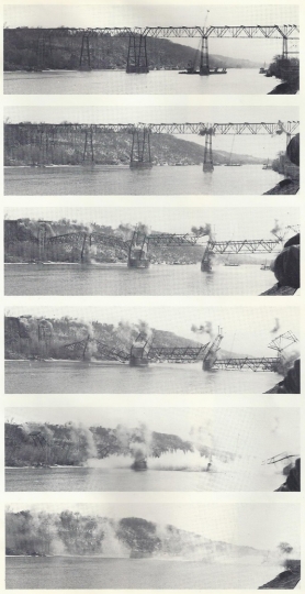 Black and white photograph of the demolition of the St. Paul High Bridge February 24, 1985.