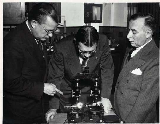 Photograph of Dr. John B. Dalton demonstrating a comparison microscope