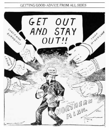 Black and white anti-I.W.W. cartoon printed in the Duluth News Tribune on July 5, 1916.