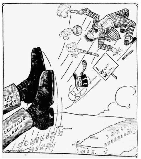 Black and white anti-I.W.W. cartoon printed in the Duluth News Tribune on July 1, 1916.