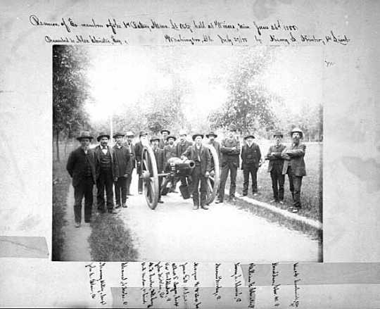 Black and white photograph of reunion of the 1st Battery Minnesota Artillery at Winona, 1888.