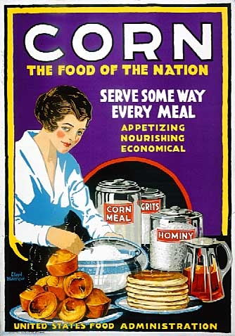 Color image of a poster encouraging women to replace wheat products with corn, c.1917. 