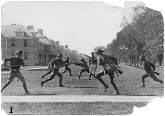 Black and white photograph of bayonet training at the Officers’ Training Camp, Fort Snelling, 1917. 