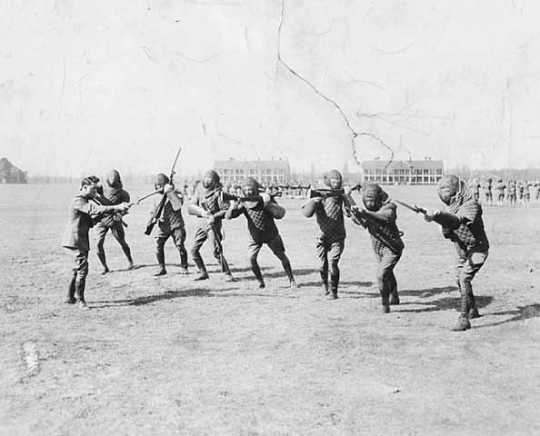 Black and white photograph of bayonet drill at the Officers’ Training Camp, Fort Snelling, 1917. 