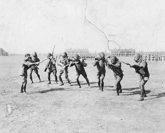 Black and white photograph of bayonet drill at the Officers’ Training Camp, Fort Snelling, 1917. 