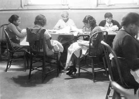 Women sewing at Phyllis Wheatly House. ca. 1936. WPA Negative Collection.