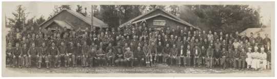 Panorama image of the Civilian Conservation Corps headquarters, Company 712, Gunflint Camp F-5, in Grand Marais, Minnesota. Photograph by George O. Mehl, April 15, 1934. 