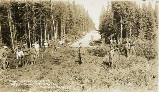 Black and white photograph of Civilian Conservation Corps workers building a road near Roosevelt, Minnesota, ca. 1933. Photographed by J. A.Gjelhaug.