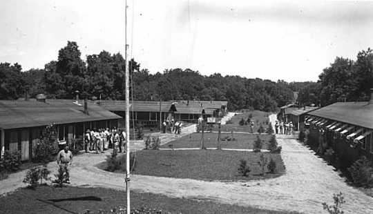 Black and white photograph of a Civilian Conservation Corps camp, Sibley State Park, ca. 1930s.