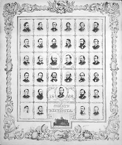 Black and white photo print on paper of Governor William Marshall and the Minnesota State Senate, 1868.