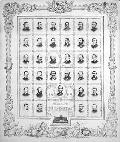 Black and white photo print on paper of Governor William Marshall and the Minnesota State Senate, 1868.