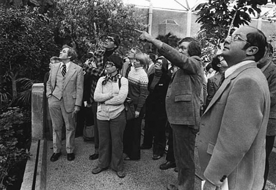 Black and white photograph of legislators (including Allan Spear, far right) tour the Minnesota Zoological Garden, 1980.