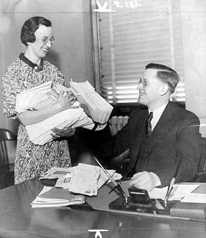 Black and white photograph of Elmer A. Benson during his tenure as state banking commissioner, c.1934. Photographed by the St. Paul Daily News.