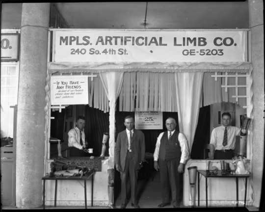 Black and white photograph of Minneapolis Artificial Limb Company at the State Fair, c.1922.