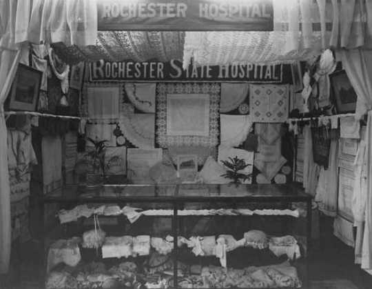 Black and white photograph of a Rochester State Hospital exhibit at the State Fair, c.1915.