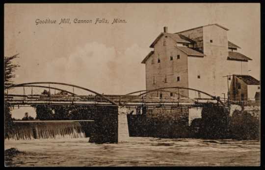 Black and white photograph of Goodhue Mill, Cannon Falls, 1909. 