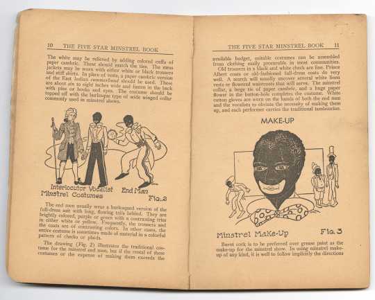 Inside spread of The Five Star Minstrel Book, describing the iconic details of traditional minstrel-show costume and makeup. 