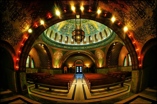 Illuminated interior of Lakewood Chapel