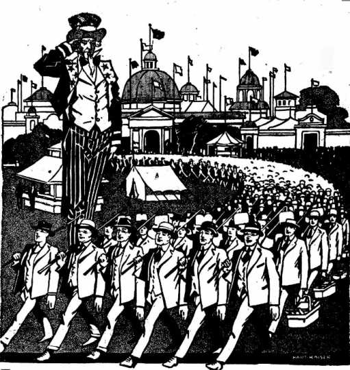 Black and white newspaper cartoon by Hart Kaiser advertising the Food Training Camp at the Minnesota State Fair. Image is from the Bemidji Daily Pioneer, August 18, 1917. 
