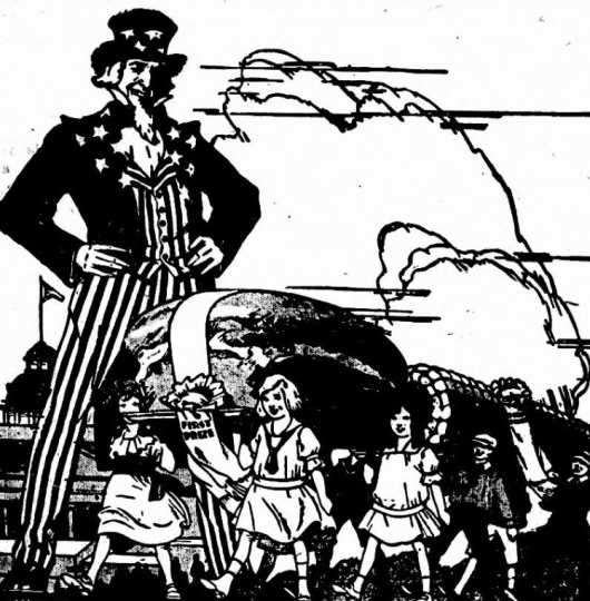 Black and white scan of a newspaper cartoon advertising the involvement of children in the Food Training Camp at the Minnesota State Fair. Image is from the Willmar Tribune, August 15, 1917.