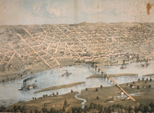 Color lithograph map of downtown St. Paul and West Side Flats, 1867. Lithograph by Albert Ruger. 