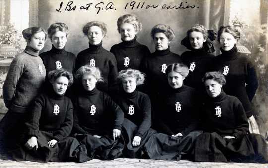 Black and white photograph of members of Independent Blessings, the first chartered limited literary society on campus. The group became the Iota Beta sorority by 1922, which became in active in 1968. It was reactivated briefly from 1980 to 1988.