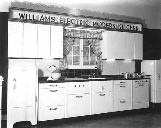 Black and white photograph of a Williams Electric Kitchen model, ca. 1938. Photographed by the Lee Brothers.