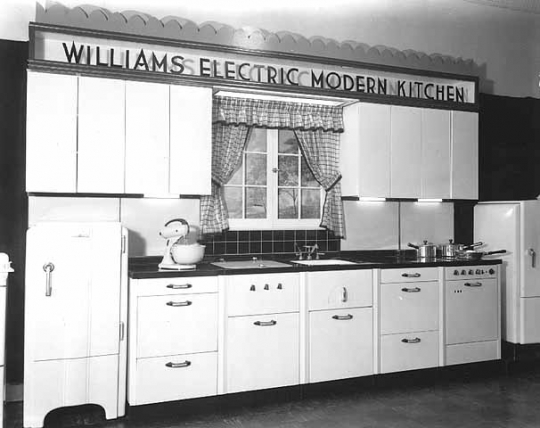 Black and white photograph of a Williams Electric Kitchen model, ca. 1938. Photographed by the Lee Brothers.