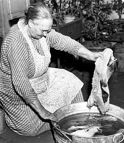 Photograph of woman preparing lutefisk
