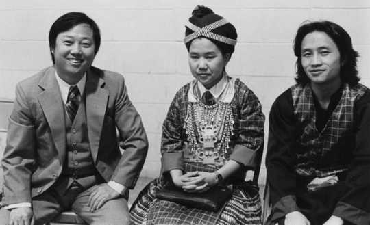 Black and white photograph of a Hmong wedding reception in St. Paul, 1981. Photographed by Michael Kieger.