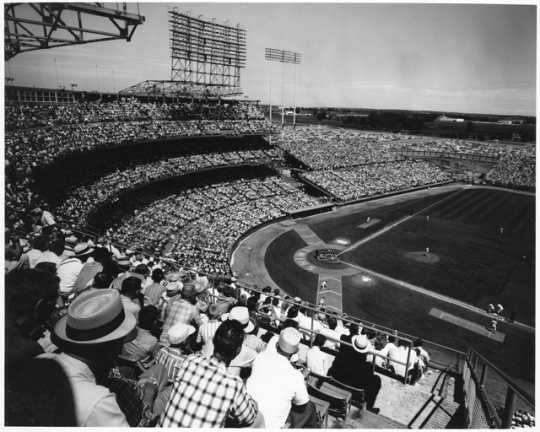 View of a Minnesota Twins game from the upper deck of Metropolitan Stadium, early 1960s. Photograph by Robert Rydeen.